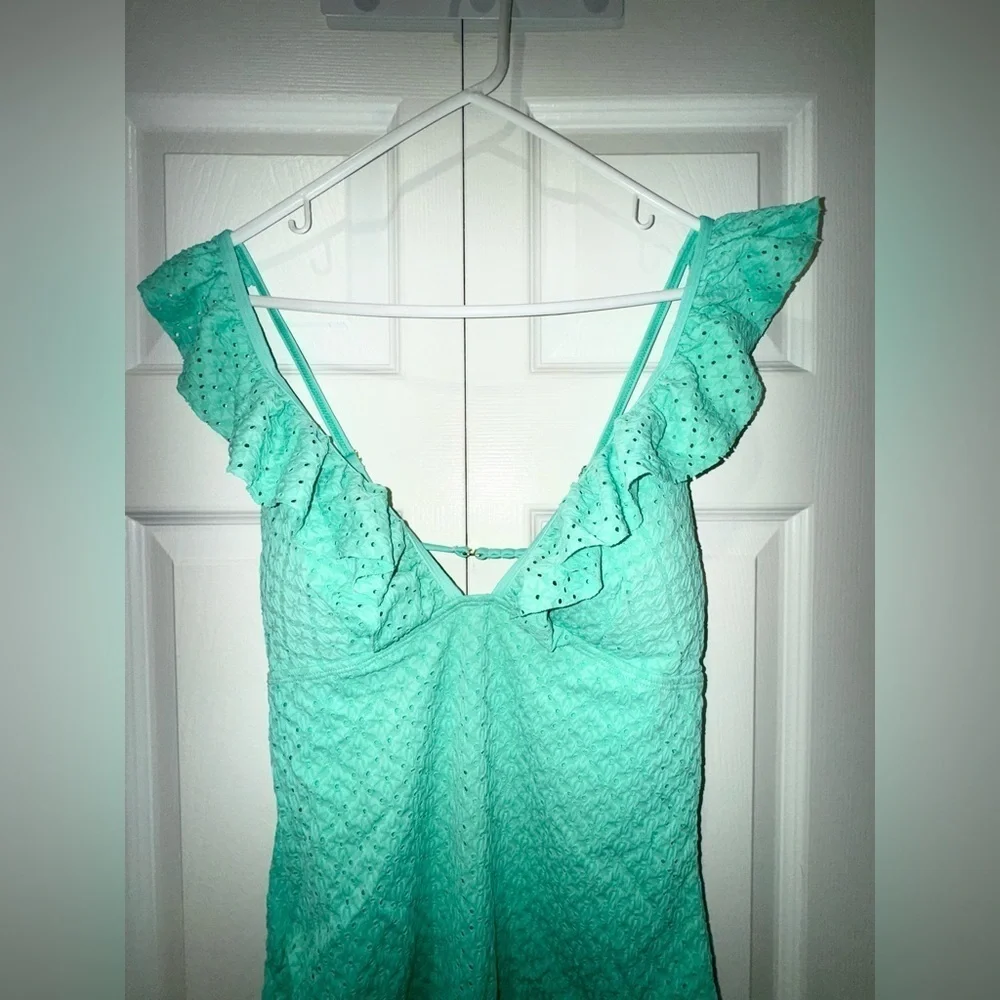 Betsy Johnson Ruffle Swimsuit. Biscay Green. Size Medium. NWT
